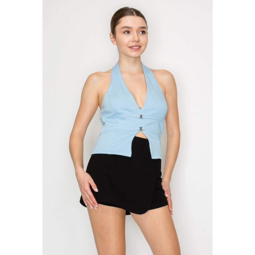 HackleBee | Powder Blue Halter Neck Buckled Open-back Top Size S, M, L